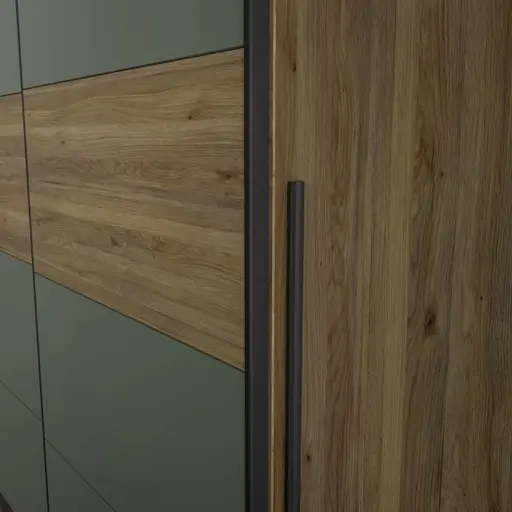 Schwebe-/Drehtürenschrank FAHDA - B. ca. 270 cm, Eiche Dekor, Grüngrau