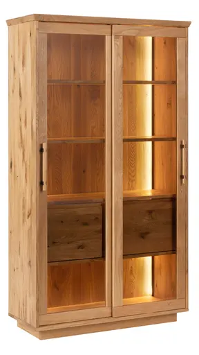 Glasvitrine Oreia - mit LED-Beleuchtung, Wildeiche massiv, natur geölt