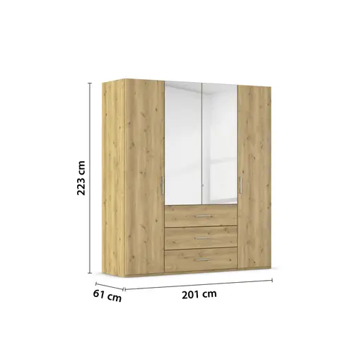 Drehtürenschrank - B. ca. 201 cm, mit Spiegeltüren und 3 Schubkästen, Fronten Asteiche Massiv