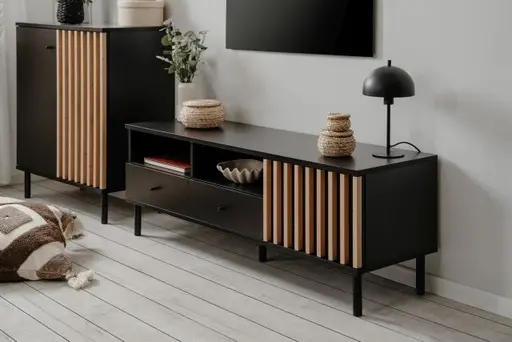 TV-Lowboard - B ca. 138 cm, Schwarz, Artisan Eiche Nachbildung