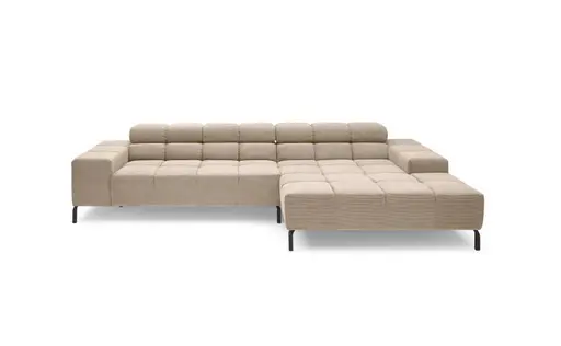 Ecksofa CLIVIA - 2-Sitzer mit Longchair rechts, Kopfteil verstellbar, Feincord,  Sand