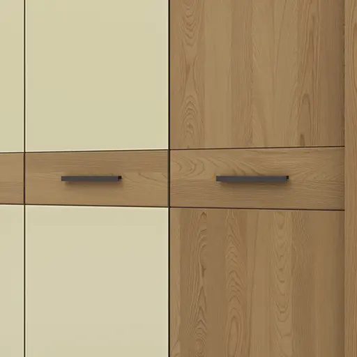 Drehtürenschrank Lenoso - B. ca. 306 cm, Eiche massiv, Glas, Champagner