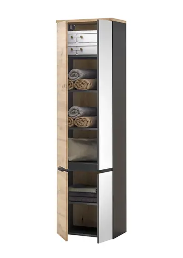 Hochschrank- B ca. 50 cm, Dunkelgrau, Eiche Dekor, Spiegel