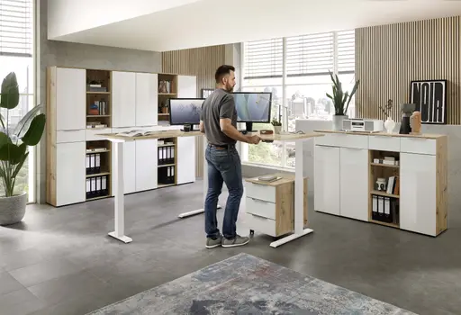 Winkelschreibtisch - höhenverstellbar, LB ca. 185x177 cm, Artisan Eiche Nachbildung, Weiß