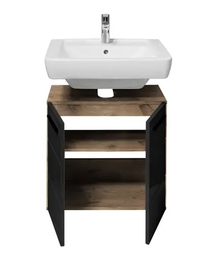 Waschbeckenunterschrank- B ca. 60 cm, Vintage Holz, Schwarz, Matt, Tiefzieh