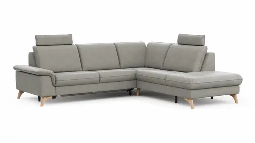 Ecksofa Tulsa KS - 2,5-Sitzer, Spitzecke und 1,5-Sitzer mit Anstellhocker aufklappbar rechts,  inkl. Kopfstütze, AL verstellbar und Schlaffunktion, Leder, Graubeige