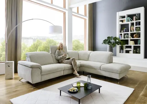Ecksofa - 3-Sitzer mit Ecke rechts, Kopfteil verstellbar, Stoff, Natur