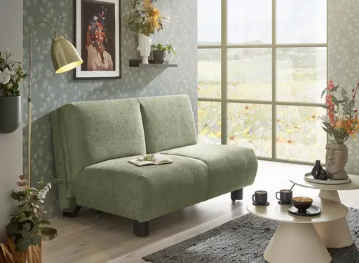 Faltsofa EBBY - 2-Sitzer ohne Armlehne, 140 cm inkl. Schlaffunktion/Relaxfunktion, Stoff, Grün