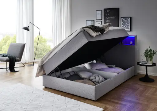 Boxspringbett - Liegefläche ca. 180x200 cm, inkl. Beleuchtung, Ablage u. USB-Anschluss, Stoff, Hellgrau