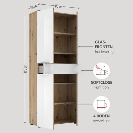 Büroschrank - B ca. 80 cm, Artisan Eiche Nachbildung, Weiß