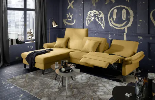 Ecksofa CALM PREMIUM 2.0 - Longchair links mit 3-Sitzer, Relaxfunktion motorisch, Armlehne verstellbar, Stoff, Kurkuma