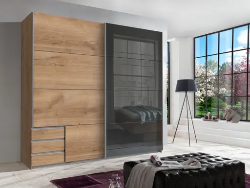 Schwebetürenschrank- Eiche Dekor, Graphit, Glas, Grau