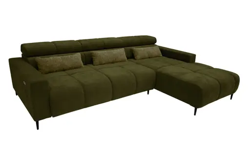 Ecksofa - 2-Sitzer mit Longchair rechts, Sitztiefe verstellbar motorisch/Kopfteil verstellbar, Stoff, Dunkelgrün