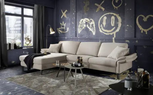 Ecksofa CALM PREMIUM 2.0 - Longchair links mit 3-Sitzer, Relaxfunktion motorisch, Armlehne verstellbar, Stoff, Sand