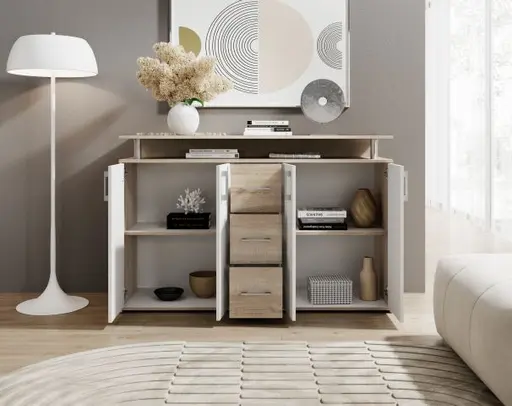 Highboard - B ca. 139 cm, Sonoma Eiche Nachbildung, Weiß