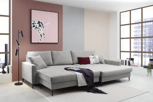 Ecksofa - 3-Sitzer mit Longchair rechts, Schlaffunktion mit Bettkasten, Stoff, Eisengrau