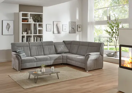 Ecksofa - 3-Sitzer mit Ecke rechts, Schlaffunktion mit Bettkasten, Stoff, Grau