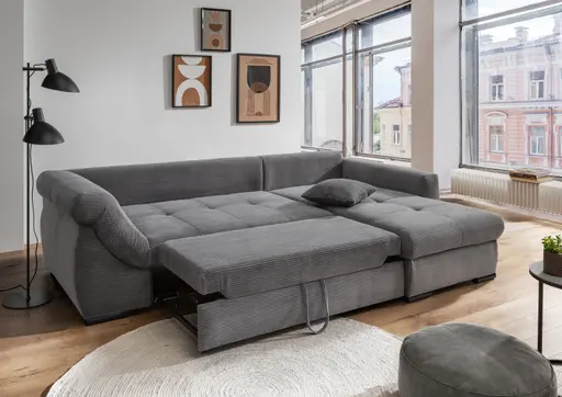 Ecksofa - 2-Sitzer mit Longchair rechts, Schlaffunktion, Cord, Grau