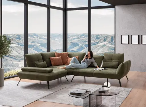 Sofa - 1-Sitzer mit Trapezecke und 3-Sitzer, inkl. Schwenkrücken und Nierenkissen, Stoff, Olive