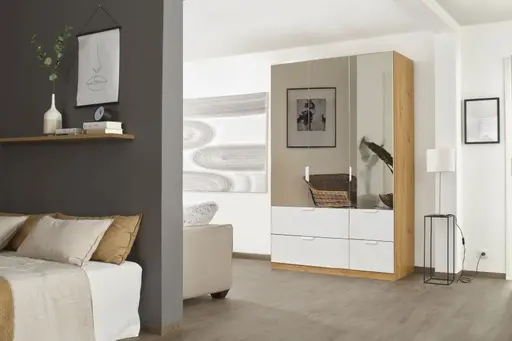 Drehtürenschrank ROMAN SPIN- B ca. 136 cm, Eiche Dekor, Weiß, Spiegel