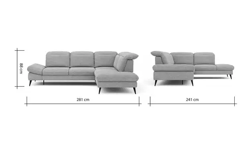 Ecksofa Alegria - 2,5-Sitzer mit Ecke rechts inkl. Kopfteil/ Armlehne/ Sitztiefe verstellbar, Stoff, Graublau