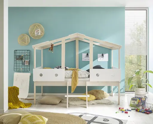 Hausbett - Liegefläche ca. 90x200 cm, Weiß, Kiefer Natur