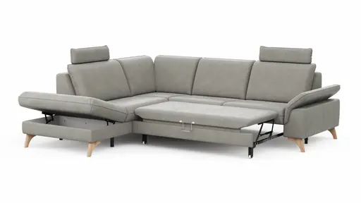 Ecksofa Tulsa KS - 1,5-Sitzer mit Anstellhocker aufklappbar links, Spitzecke und 2,5-Sitzer rechts, inkl. Kopfstütze, AL verstellbar und Schlaffunktion, Leder, Graubeige