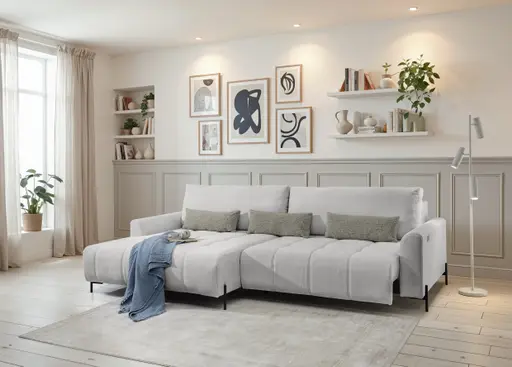 Ecksofa - Longchair links mit 2-Sitzer, Sitztiefe verstellbar motorisch, Stoff, Silbergrau