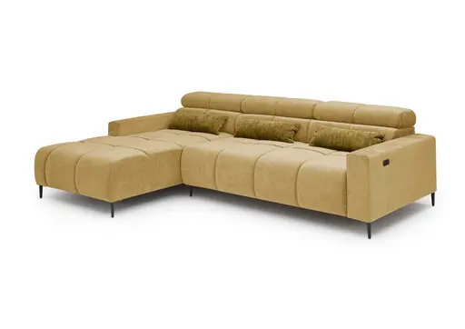 Ecksofa - Longchair links mit 2-Sizer, Sitztiefe verstellbar motorisch/Kopfteil verstellbar, Stoff, Senfgelb