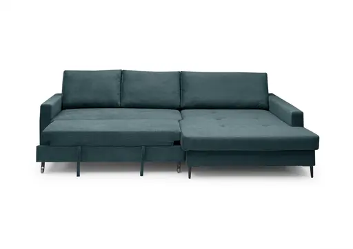 Ecksofa - 3-Sitzer mit Longchair rechts, Schlaffunktion mit Bettkasten, Stoff, Azur
