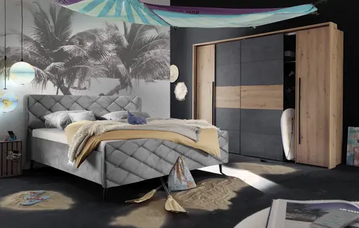 Schwebe-/Drehtürenschrank FAHDA - B. ca. 270 cm, mit Passepartout, Eiche Artisan Dekor, Betonoptik