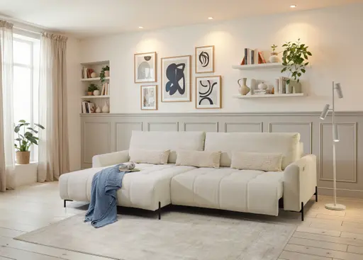 Ecksofa - Longchair links mit 2-Sitzer, Sitztiefe verstellbar motorisch, Stoff, Creme