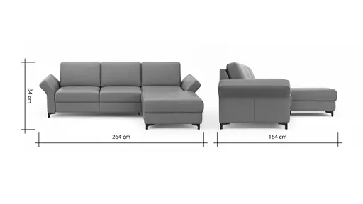 Ecksofa Merlos - 2-Sitzer mit Longchair rechts inkl. Armlehne verstellbar, Leder, Steingrau