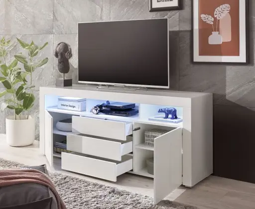 Sideboard- Weiß, Weiß, Hochglanz, 