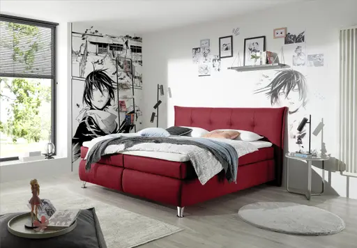 Boxspringbett HAROA- Liegefläche ca. 180x200 cm, Stoff, Rot, inkl. Topper