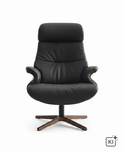 Relaxsessel Avina - Drehbar inkl. Rücken und Kopfteilverstellung, Leder, Schwarz, Holzschale Nußbaum