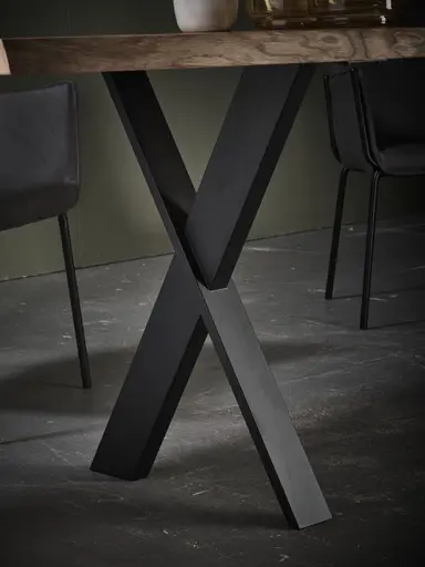 Esstisch 3100 - LB ca. 350x100 cm, Asteiche massiv, Waldkante, Kreuzfuß, Schwarz