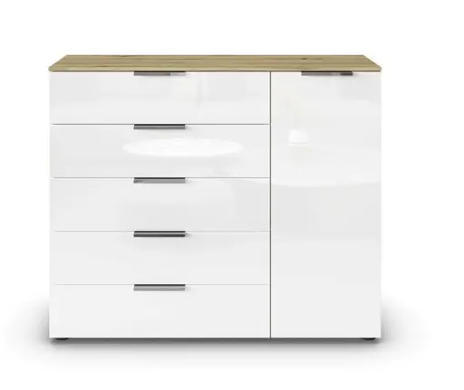 Kommode RIPP- Eiche Dekor, Glas, Weiß