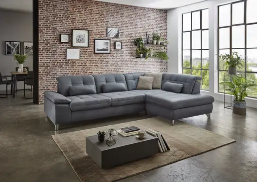 Ecksofa - 3-Sitzer mit Ecke rechts, Sitztiefe verstellbar (manuell), Leder, Eisengrau