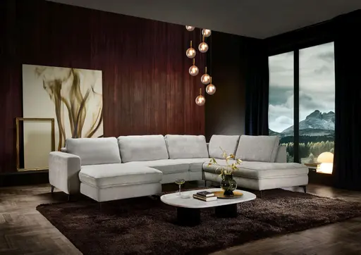 Wohnlandschaft - Longchair links mit 1,5-Sitzer und Ecke rechts, Stoff, Silbergrau