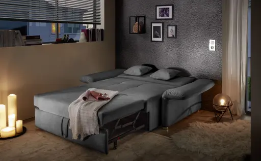 Sofa JORDEN - 1,5-Sitzer inkl. Schlaffunktion mit Bettkasten, verstellbare Armlehnen, Stoff, Dunkelgrau