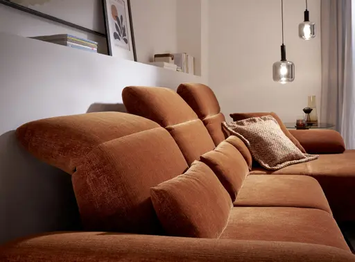 Ecksofa EM Setupal - 2,5-Sitzer mit Longchair rechts, Kopfteil/Armlehne/Rücken verstellbar, Stoff, Rost