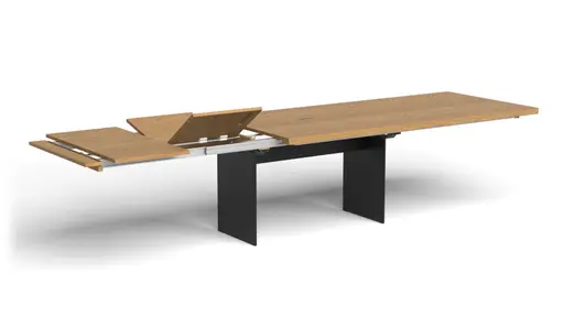 Esstisch 3110 - LB ca. 220x100 cm, ausziehbar,  Asteiche massiv, Geölt, Wange Rohstahl, Schwarz