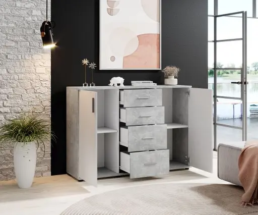 Kommode - B ca. 120 cm, Betonoptik, Weiß