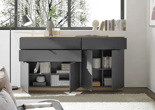 Sideboard- Anthrazit, Eiche Dekor