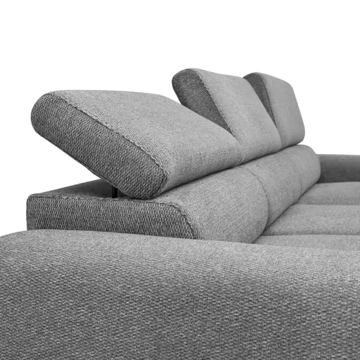 Ecksofa - 2-Sitzer mit Longchair rechts, Sitzvorzug motorisch, Kopfteil verstellbar, Stoff, Grau