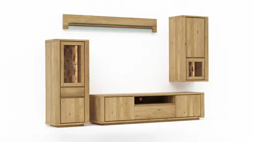 Wohnwand Bakersfield - inkl. Beleuchtung, sichtbare Rückwände mit Holzschindeln/Schubladenfront mit Schroppung, Asteiche massiv, geölt