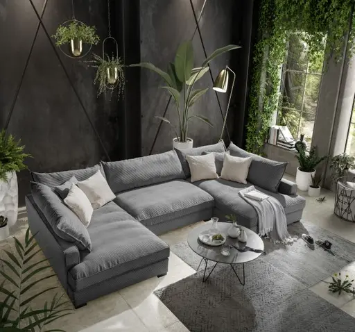 Wohnlandschaft - Longchair links, 2-Sitzer, Ecke rechts, Stoff, Grau