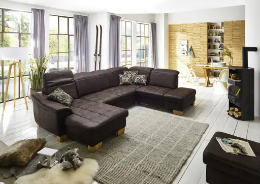 Wohnlandschaft - Longchair links mit 2,5-Sitzer und Ecke rechts, Kopfteil verstellbar, Stoff, Mocca