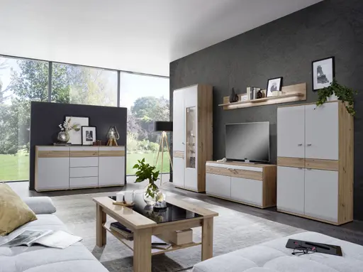 Wohnwand EM Teolo - mit Wandboard und Beleuchtung und geschroppter Rückwand, Alteiche, Lichtgrau